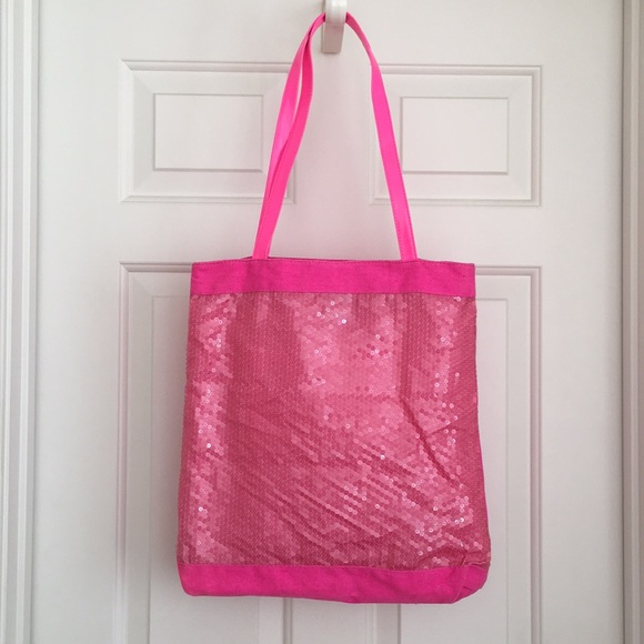 Handbags - Pink Tote Bag Sequins Hot Pink Neon Snap Button Closure